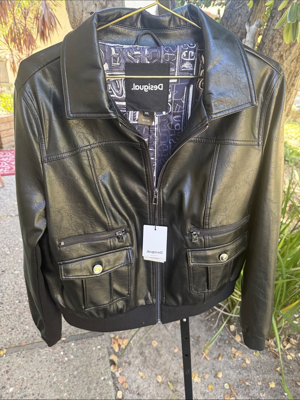 Desigual Black Faux Leather Bomber Jacket with Decorative Lining
